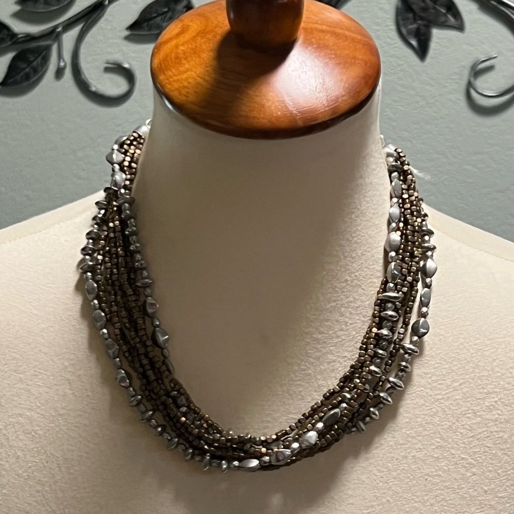 Premier Designs Brown and Silver Multi-Strand Beaded Necklace